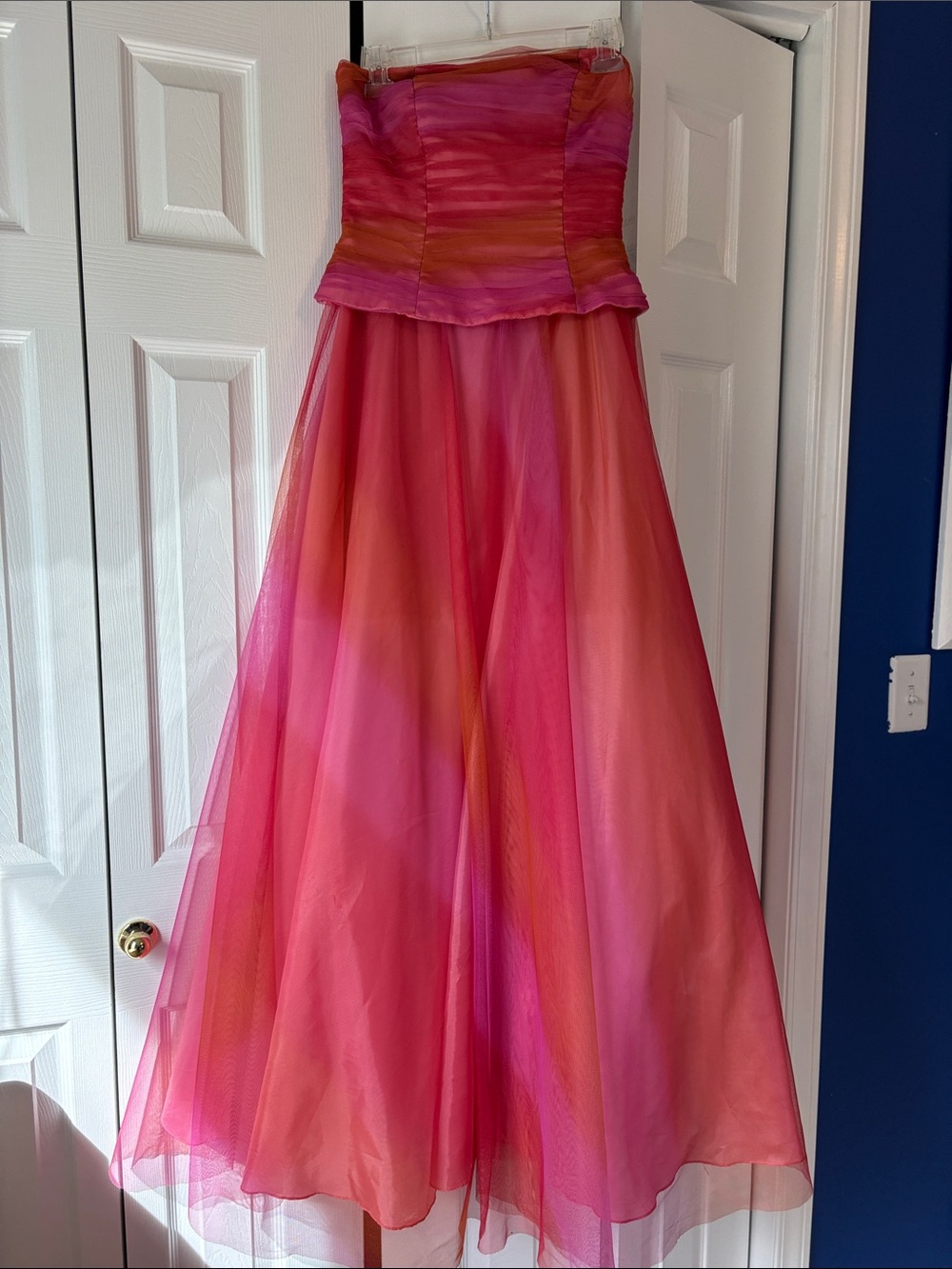 Delaru Pink and Orange Strapless Ruched Tulle Dress